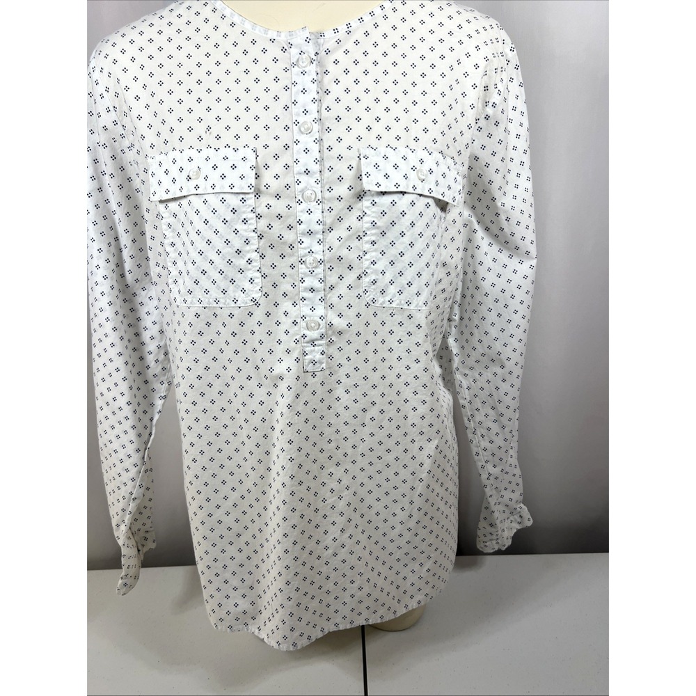 L L Bean Woman's White Patterned Long Sleeve‎ Tunic 100% Cotton Size Large